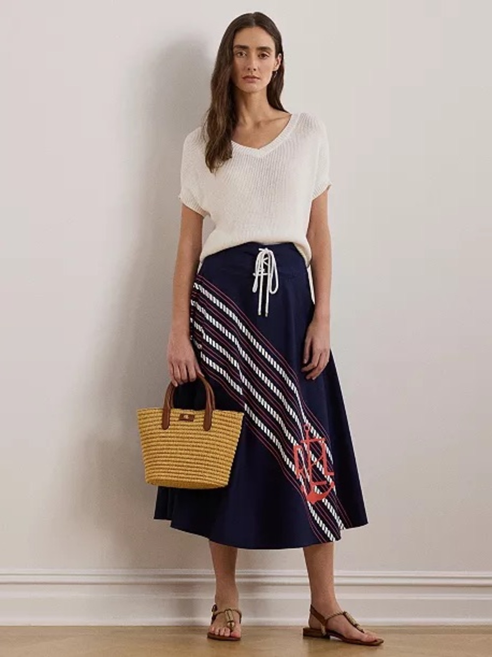 Ralph Lauren Rope Nautical Print Navy Midi Skirt Twill Lace 22W NWT Bear Preppy - Picture 5 of 5